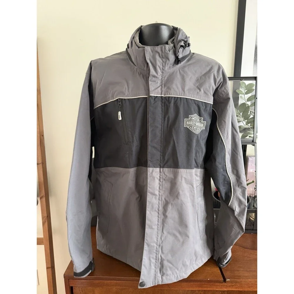 Harley Davidson Y2K Mens L Riding Jacket Gray Hooded Bar Shield 97059-07VX